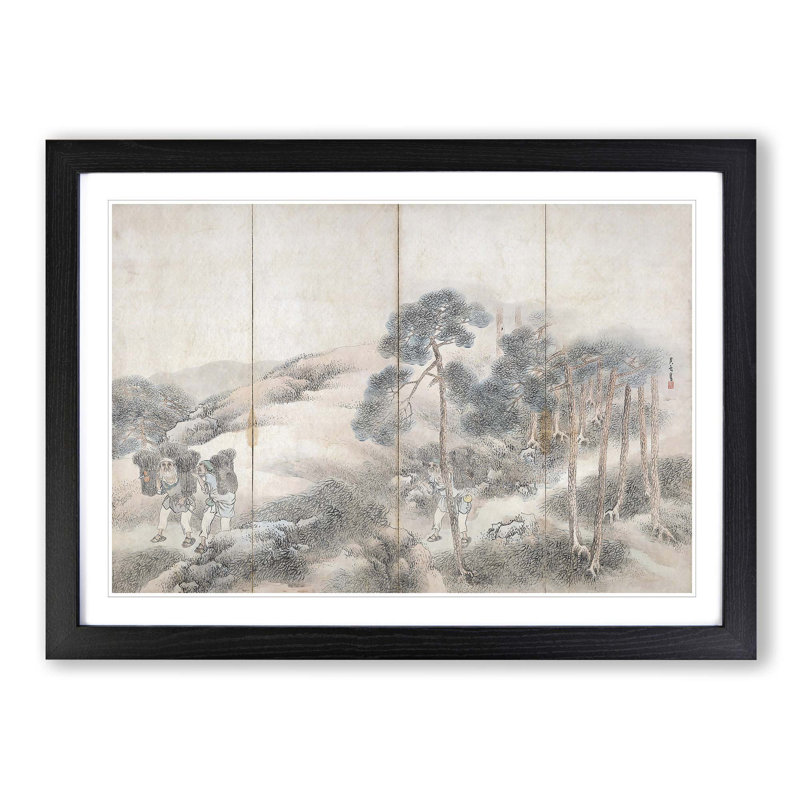Woodcutters & Fishermen Vo.1 by Matsumura Goshun - Picture Frame Painting Print, Black Framed, 36cm H x 48cm W x 2cm D