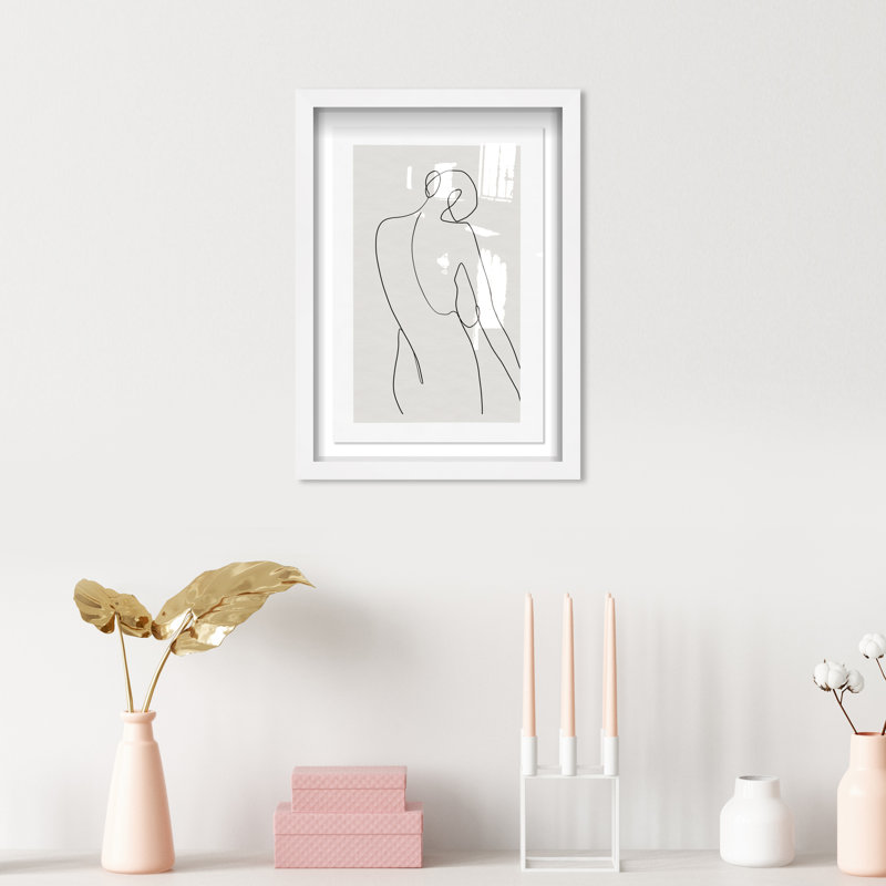 Dessin au trait noir et blanc de Her II - peinture à cadre flottant, H 37 po x l 25 po, Cadre blanc