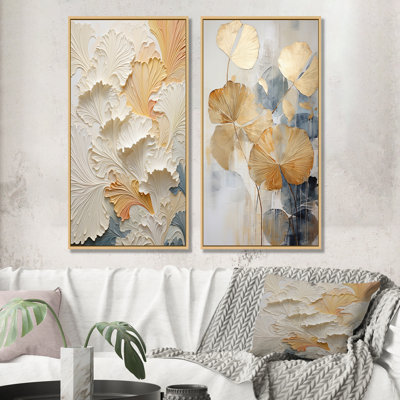 Modern Golden Beige Plam Tree - Abstract Botanicals Wall Decor Set Of 2