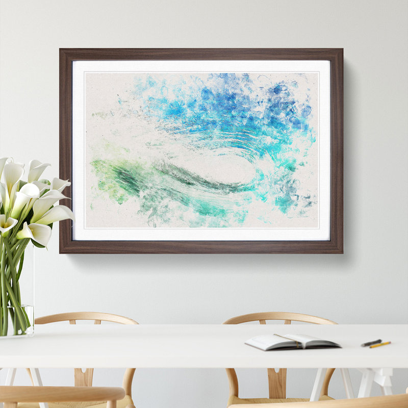 Within The Wave In Blue & Green Watercolour - Picture Frame Graphic Art, 62cm H x 87cm W x 2cm D, Walnut
