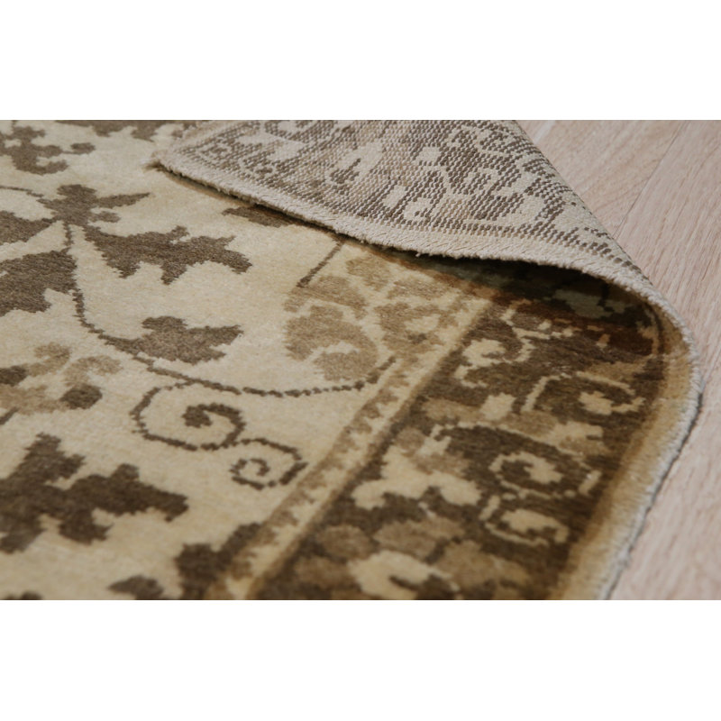 Ivory Hand-Knotted Wool Floral Scrollwork Geometric Modern Contemporary Carpet Rug, 3' x 22'