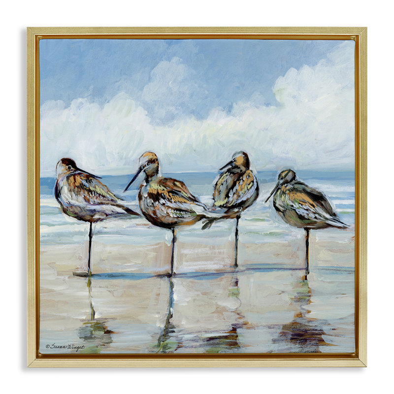 Cadre flottant Sandpipers Balancing On Beach, design par Susan Winget, H 25 po x l 25 po, Cadre flottant métallique doré