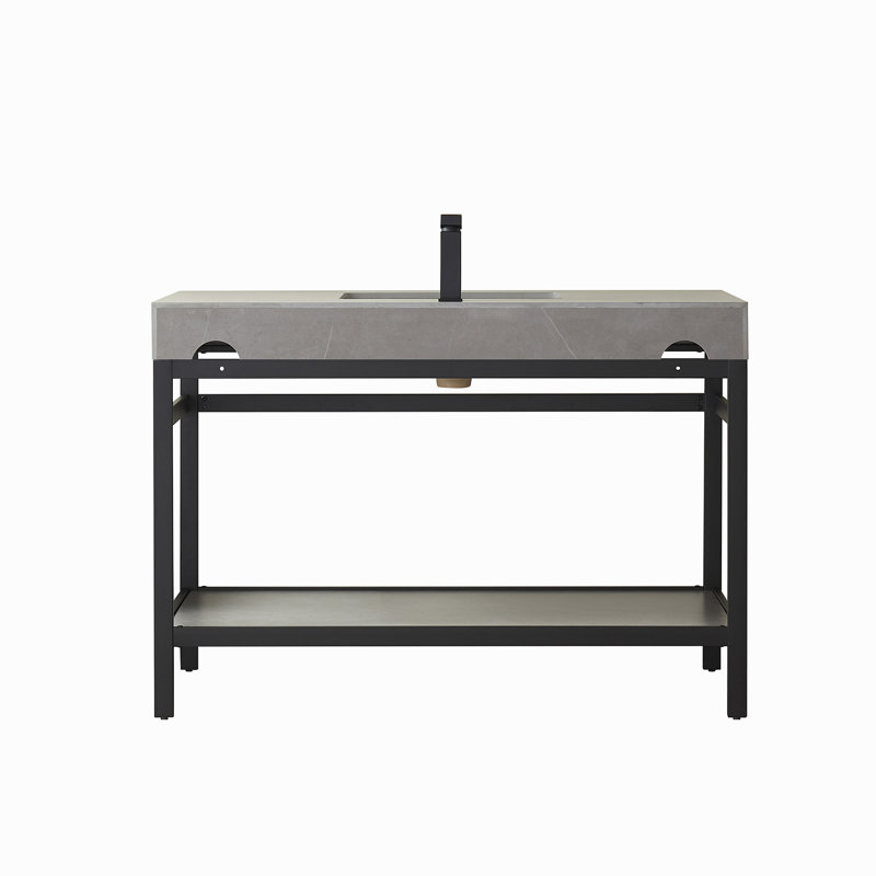 48'' Single Bathroom Vanity with Stone Top, Matte Black, Matte Black, Limestone Slab Stone
