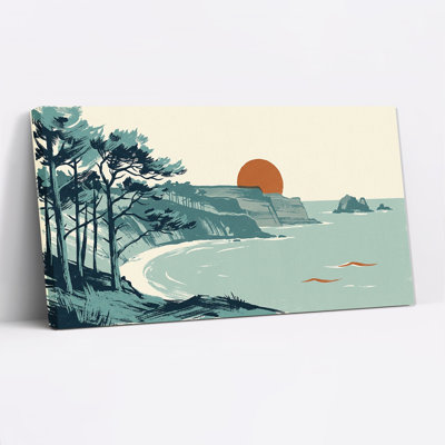 Tableau sur toile représentant des pins turquoise sur une falaise avec un soleil orangé