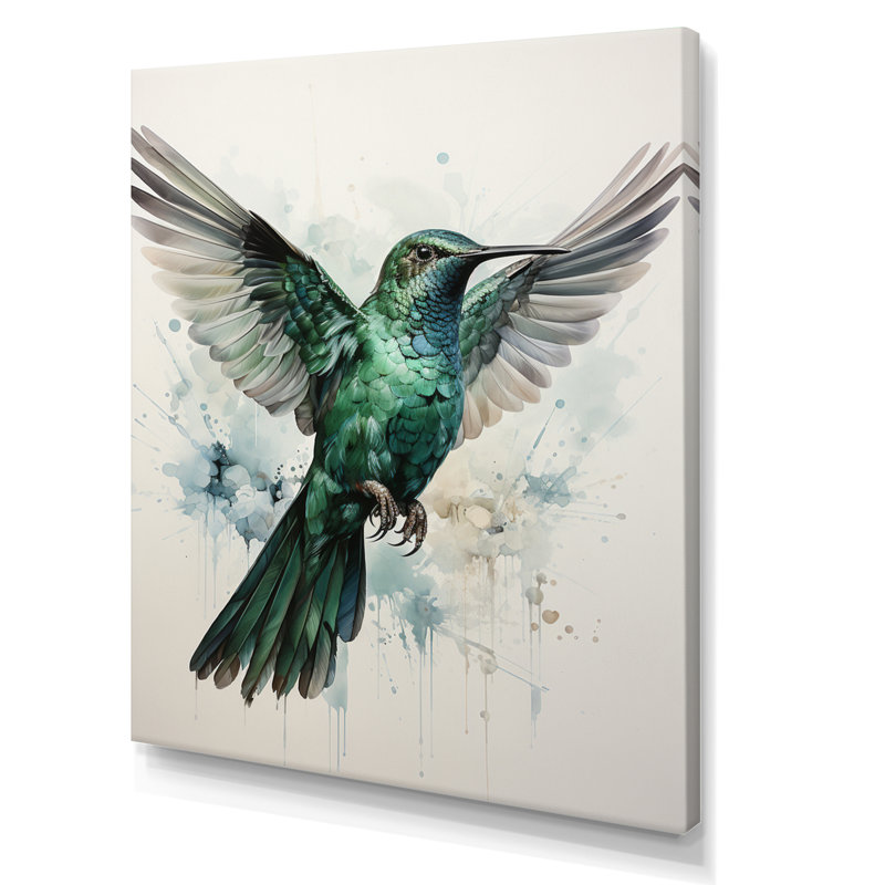 «Deux colibris gris sarcelle» - reproduction sur toile, H 20 po x l 12 po x P 1 po, Toile tendue