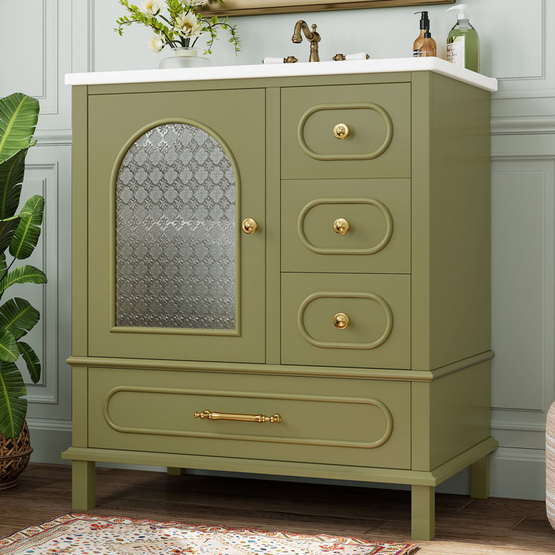 Meuble-lavabo autoportant avec lavabo et tiroirs, Vert