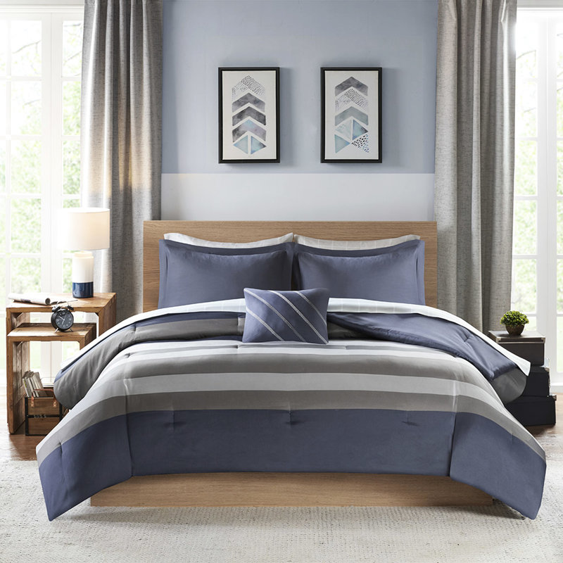 Couette et draps pour lit simple - Motif rayé bleu-gris serein, avec oreiller carré