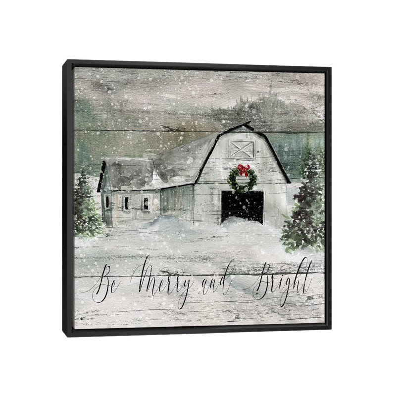 «Merry and Bright Barn» par Carol Robinson - reproduction imprimée, Toile avec cadre noir, H 26 po x l 26 po x P 1,5 po