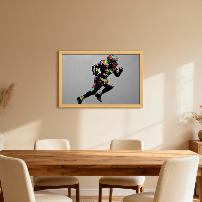 Joueur de football coloré en mouvement, H 24 po x l 36 po, Cadre photo unique, Grain de bois clair