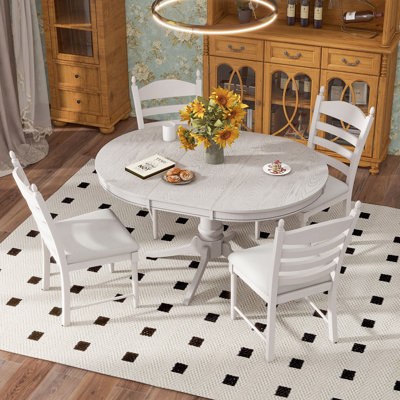 5-Piece Retro Functional Dining Table Set Wood Round Extendable Dining Table And 4 Upholstered Dining Chairs -  Ophelia & Co., 0C33F2EE78F8431EB0C9824AB447DFC5