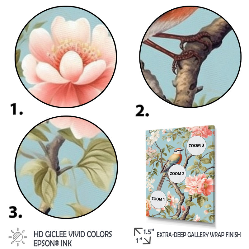 Chinoiserie avec oiseaux et pivoines, impression sur toile, H 30 po x l 30 po x P 1 po, Cadre flottant noir