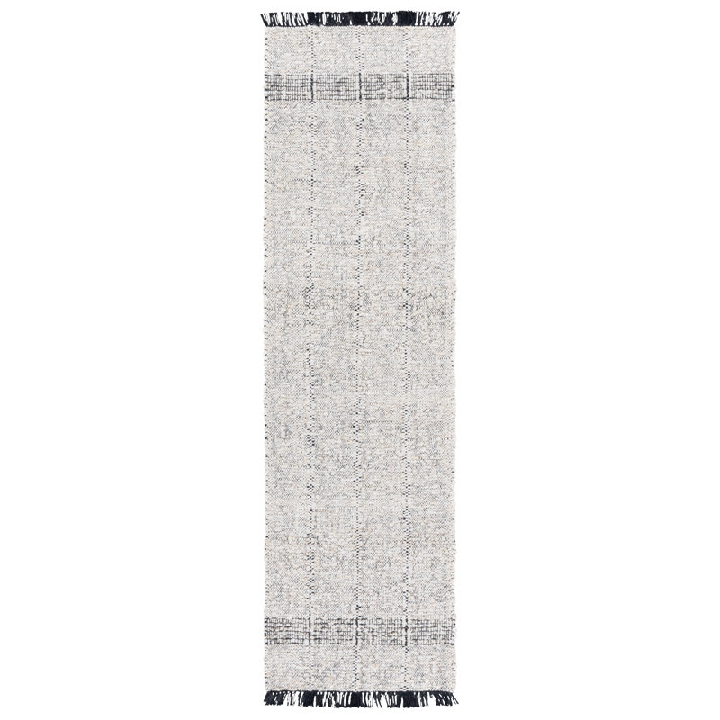 Manhattan Hand Woven Wool/Cotton Solid Color Rug in Ivory/Black, Runner 2'3" x 8'
