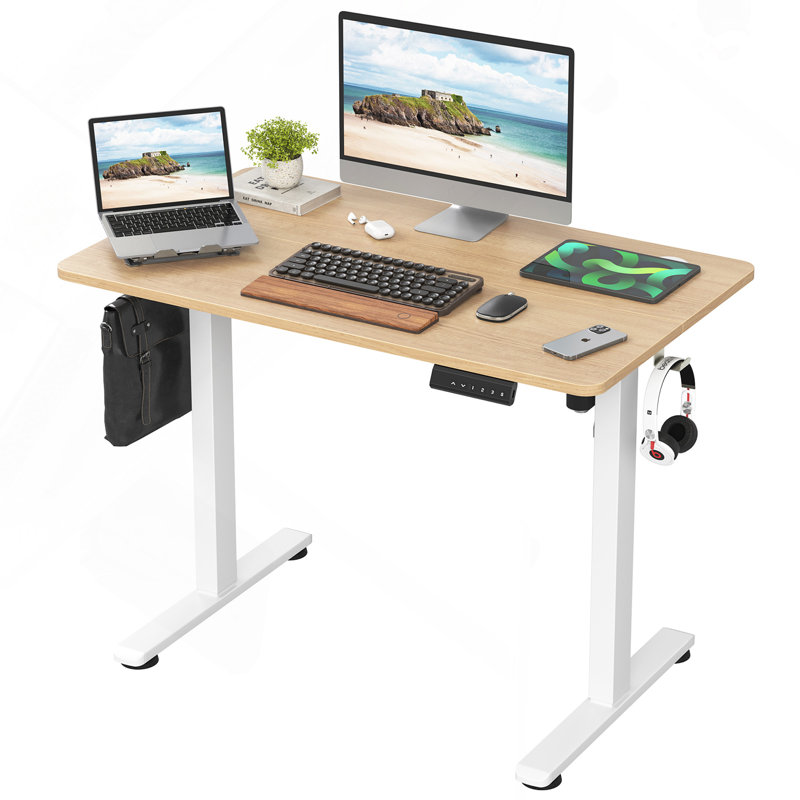 Bureau de travail électrique à hauteur réglable, Naturel, Blanc