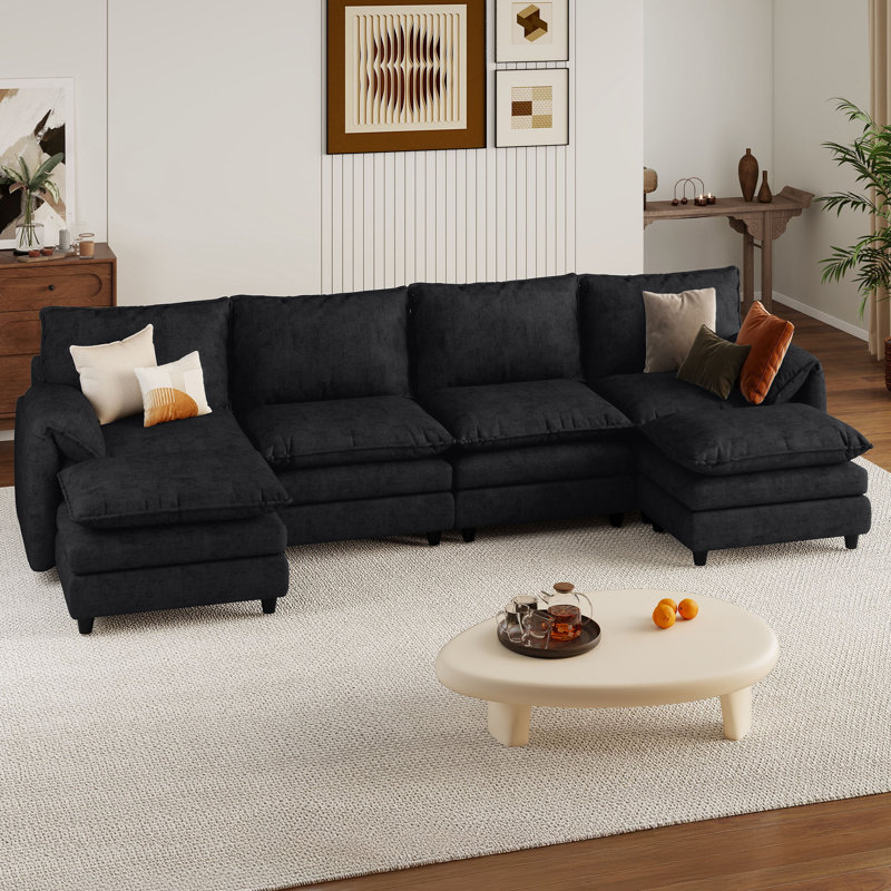  139'' W Double Layer U-Shaped Cushion Cloud Couch, 6-Piece Sectional Sofa, Black Velvet
