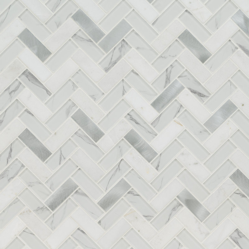 White Etherea Herringbone 12 in. x 12 in. Glass Stone Metal Blend Mosaic Wall Tile