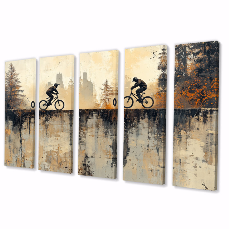 «Black and Orange Bmx Forest Riding - Cycling», art mural sur toile, H 28 po x l 60 po