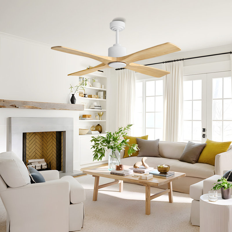 Ventilateur de plafond en bois massif à 4 pales Cayemite, Blanc, Naturel