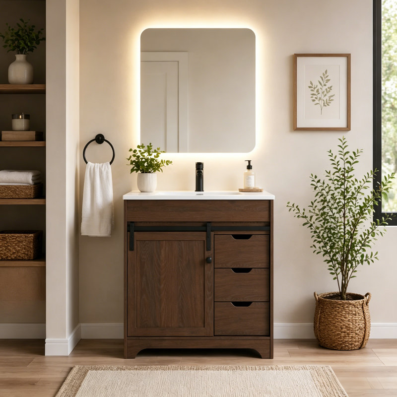 Everoak 30" Freestanding Single Sink Bathroom Vanity With Solid Surface Composite Top