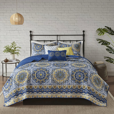 Courtepointe réversible bleue avec coussins - très grand / très grand, imprimé floral, envers 100% microfibre pour la chambre à coucher, lavable