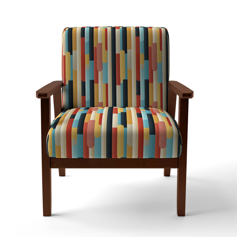 Pastel Colors Midcentury Stripes Pattern I - Upholstered Modern & Contemporary Accent Arm Chair, Brown Square Arms
