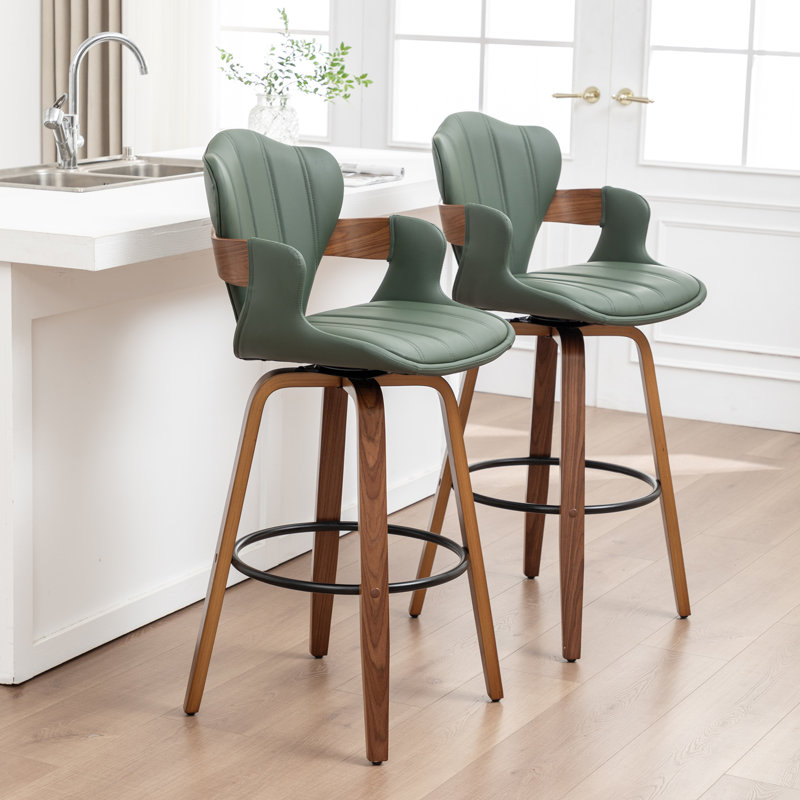 Modern Vegan Leather 360° Swivel Counter Stools With Unique Bentwood Legs, Green, Counter Stool (25" Seat Height)