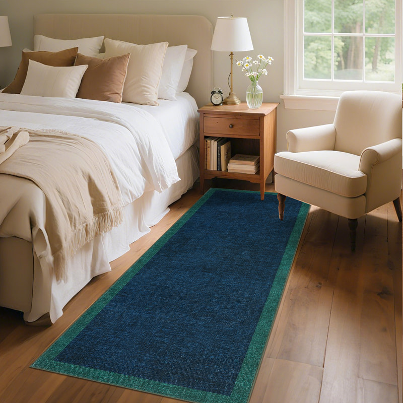 Tapis intérieur bordé lavable à la machine avec envers en caoutchouc antidérapant, Tapis de couloir 2 pi x 6 pi, Sarcelle