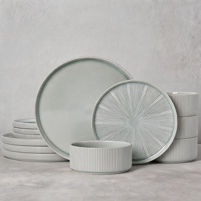 12-Piece Sage Green Stoneware Dinnerware Set For 4 People, Ceramic Plates And Bowls With Inkjet Printing, Chip Resistant, Microwave & Dishwasher Safe