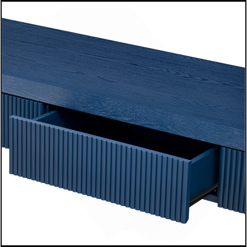 Console rustique avec 3 tiroirs cannelés - Table d'entrée en placage de bois massif avec grain de bois naturel pour le salon, couloir (bleu marine)