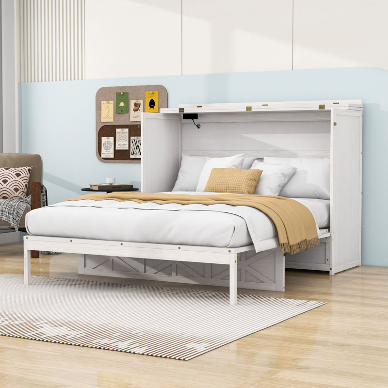 Grand lit escamotable en bois avec tiroir et ports et prises USB, Blanc brossé