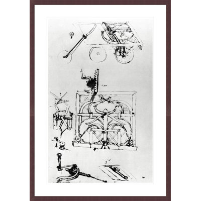 Perspective and plan drawings of automotive wagon moved by system of springs and equipped with differential transmission Fol. 296 (verso)-a from the Codex Atlanticus by Leonardo da Vinci -Framed Giclee Print