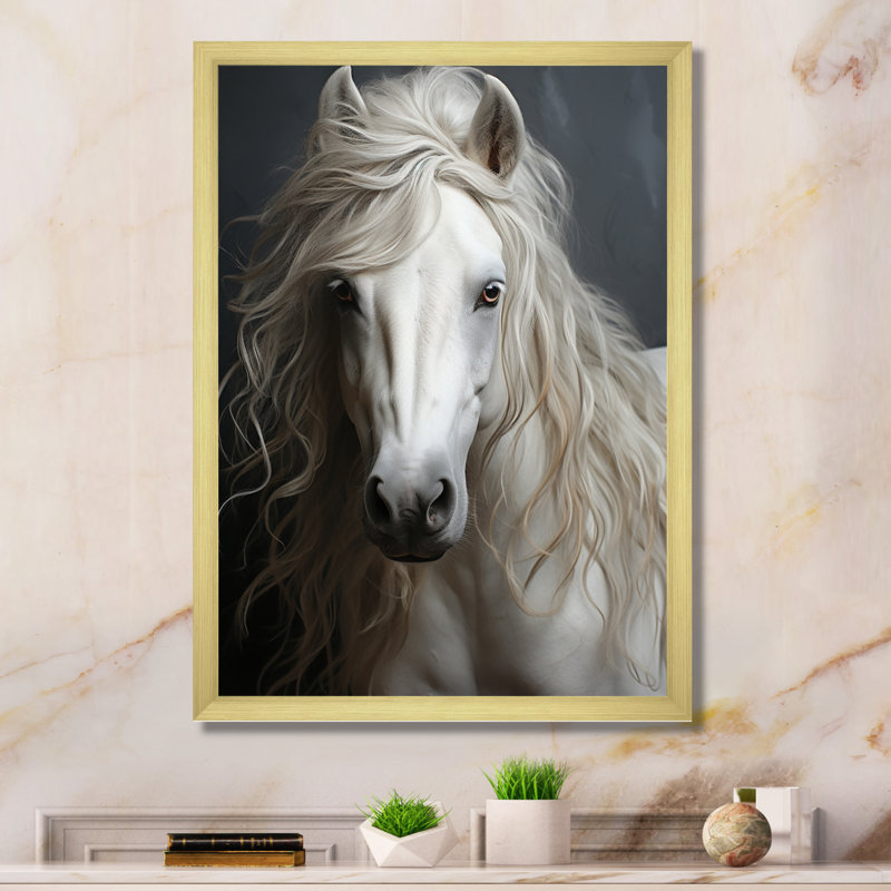 «White Horse Subtle Whispers - Animal Wall Art Living Room», H 32 po x l 16 po x P 1 po, Encadrement doré