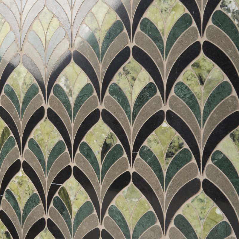 Konwalia 14x15 Floral Polished Marble Mosaic Tile, Verde Green