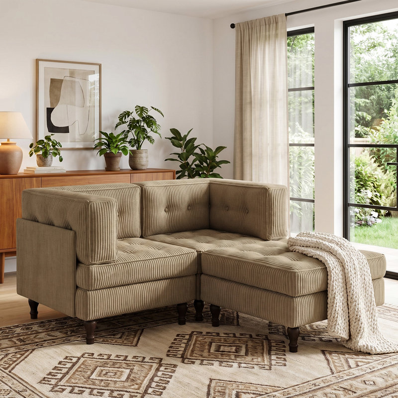 3 - Piece Upholstered Camel Tufted Corduroy Modular Sectional with Pillow Back and Removable Flip-Tray Top Storage Ottoman