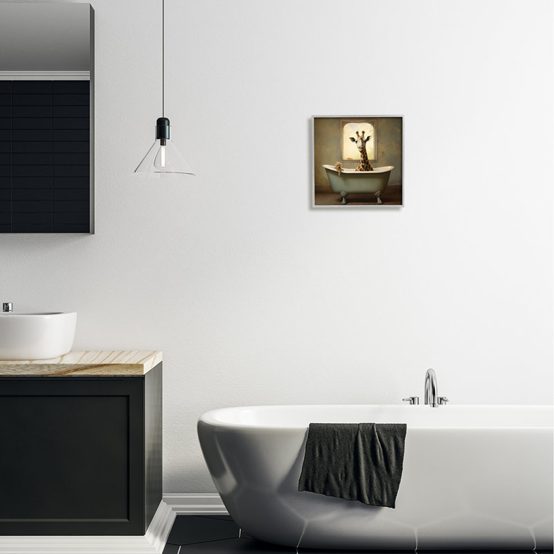 «Vintage Giraffe in Tub», reproduction d'art sur toile, Farmhouse Grey Framed Giclee, H 12 po x l 12 po