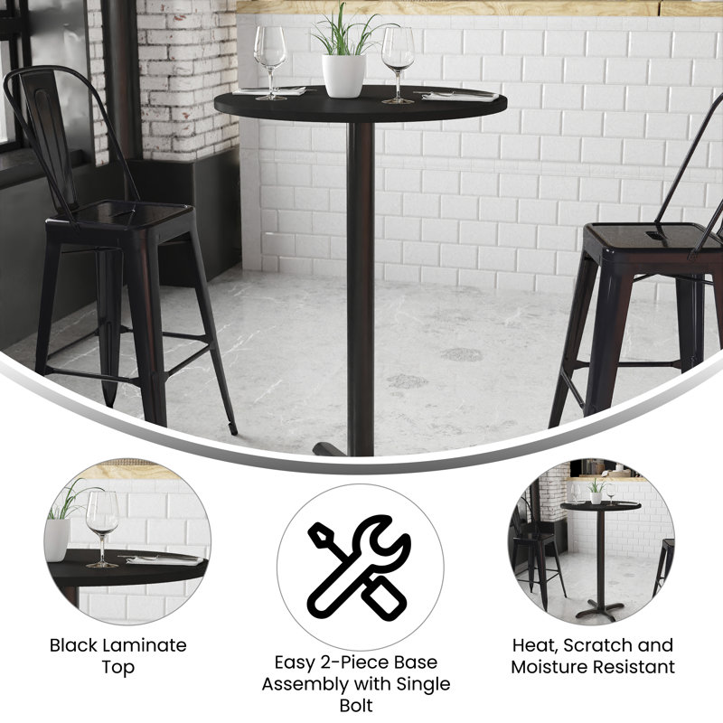 Round Black Laminate Bar Height Table with Wood Base