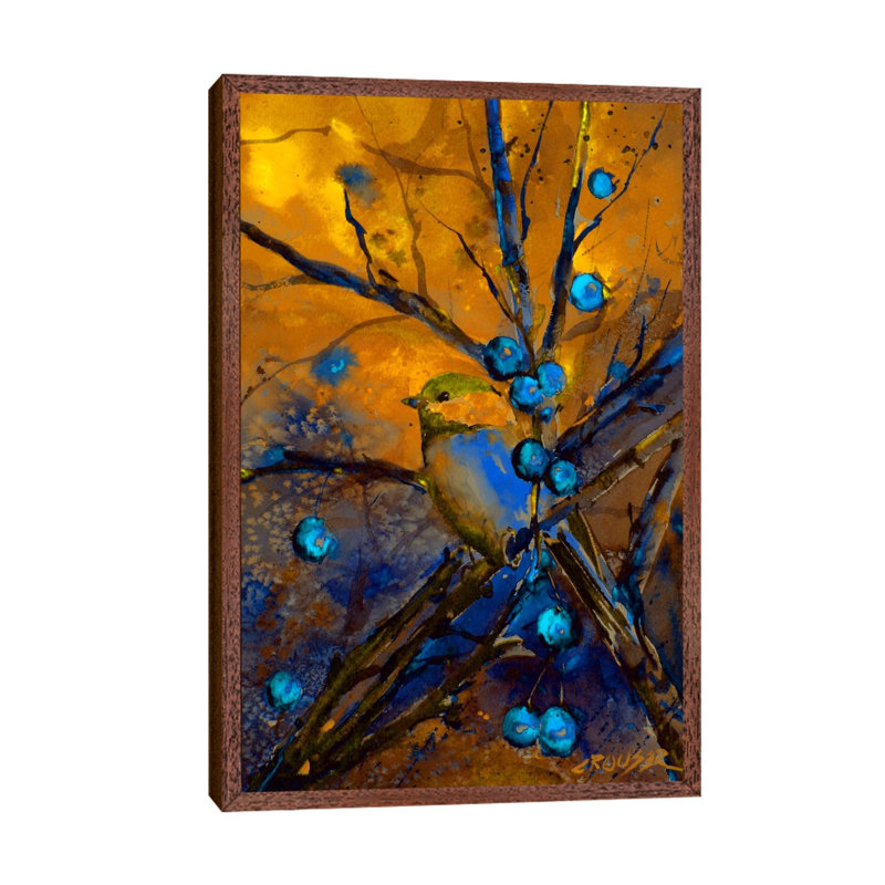 Bird & Berries by Dean Crouser - Floater Frame Painting on Canvas, Brown