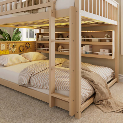 Full over Full Bunk Bed with Integrated Shelving, Color-Changing Lights and Pegboard for Modern Living(Without Mattress)