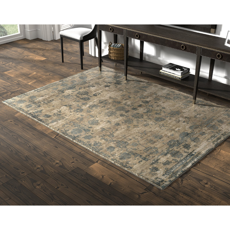 Tapis bleu abstrait noué à la main Overbey, Rectangle 3 pi 3 po x 5 pi 3 po