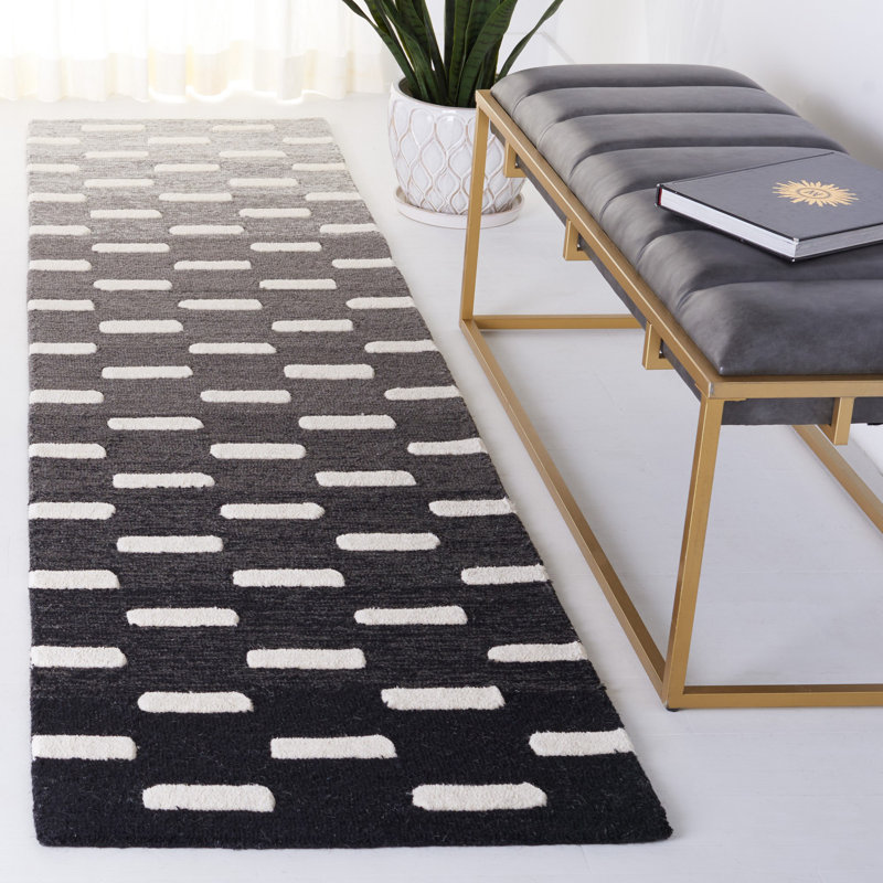 Tapis en laine / coton touffeté à la main Bochini ivoire / noir, Tapis de couloir 2 pi 3 po x 9 pi