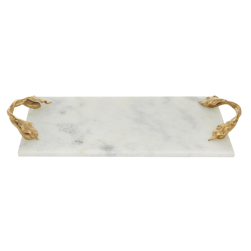 Elegance White Marble 21" x 10" Tray with Gold Leaf Handles
