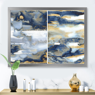 Bleu foncé et or abstrait II - cadre flottant, peinture sur toile