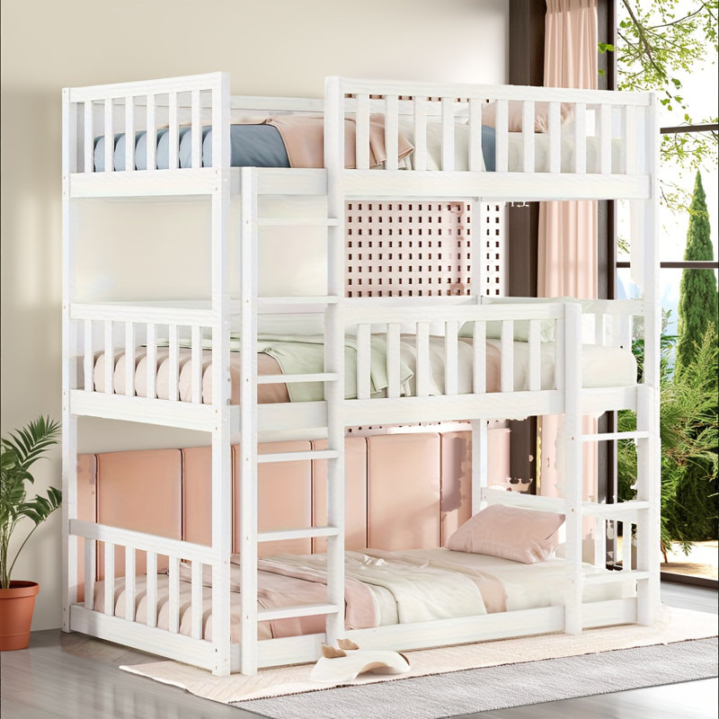 Lit superposé simple en bois d'hévéa simple - Simple au-dessus de simple au-dessus d'un lit simple avec échelles et garde-corps, conception détachable (se divise en 3 lits simples), bois d'hévéa robuste et facile à assembler pour les chambres d'enfants / invités