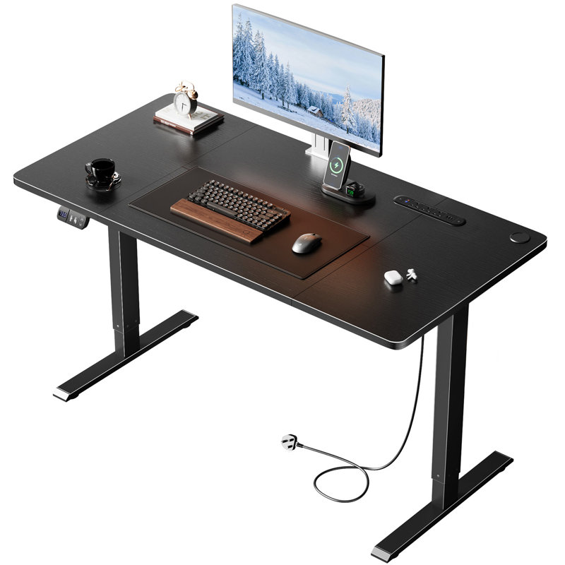 Adjustable Height MDF Steel Standing Desk with Built-In Electrical Outlet, 117 cm H x 160 cm W x 80 cm D, Black