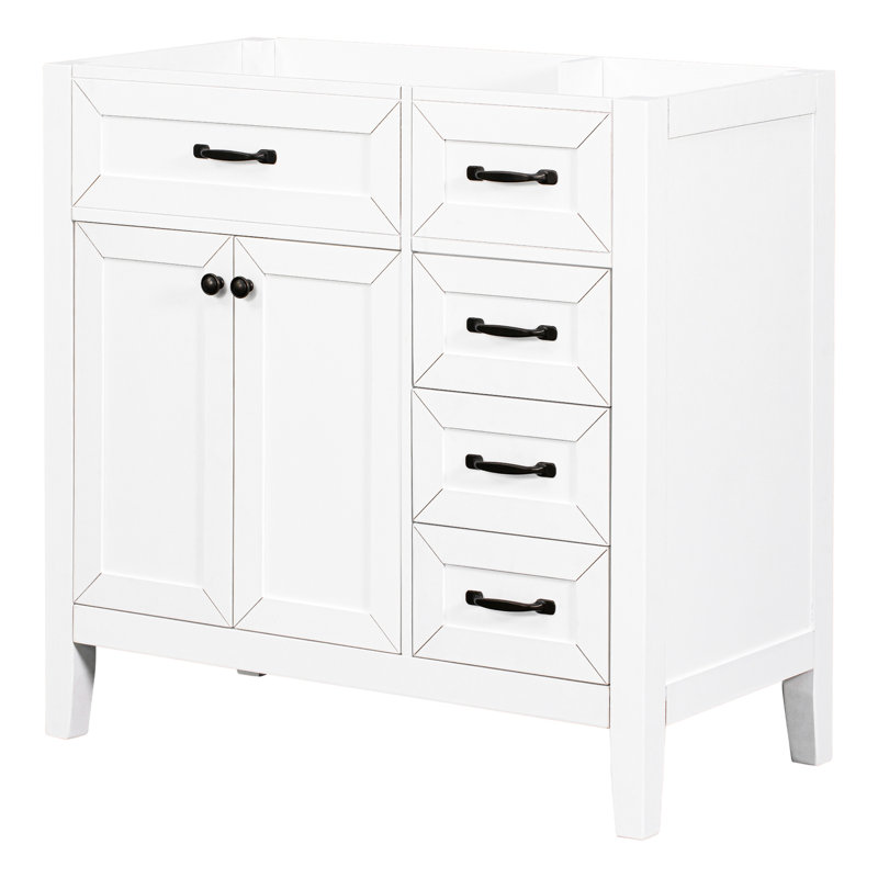 Base de meuble-lavabo blanc de 36 po seulement. Armoire à tiroirs pour le rangement. Bois massif et design moderne. Autoportante. Base requise pour l'assemblage. Meubles en caoutchouc.