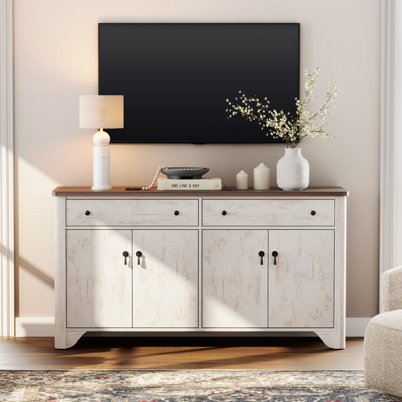Farmhouse 59" Wide Sideboard Buffet With 4 Doors And 2 Drawers, Adjustable Shelves, White, Brown/White