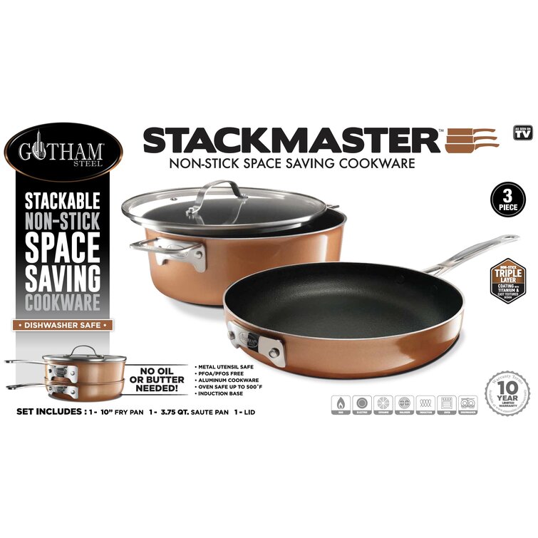 Gotham Steel Stackmaster 3 Piece Set Deep Nonstick Space Saving Cookware  Set