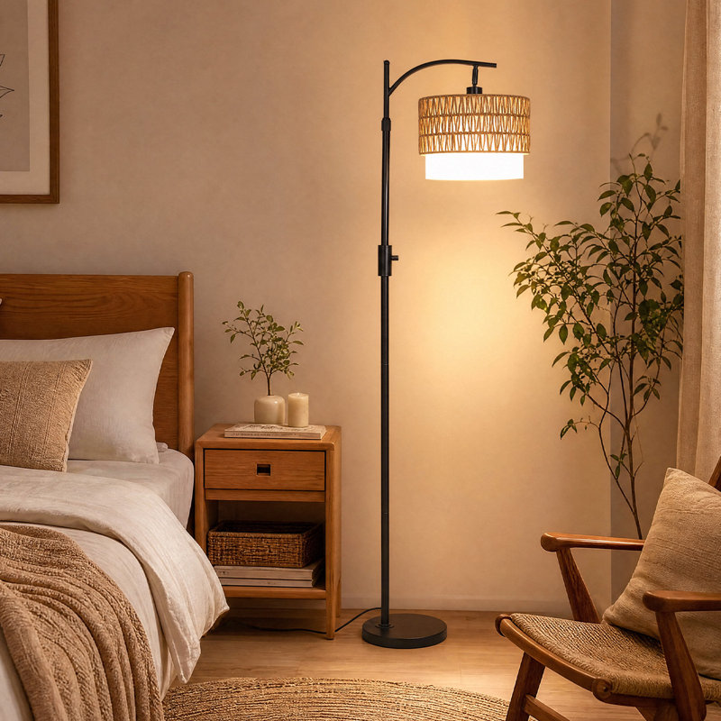 Lampadaire moderne arqué en rotin noir de 161 cm (63,35 po) pour salon, avec abat-jour double tambour en rotin et tissu (ampoule non incluse).