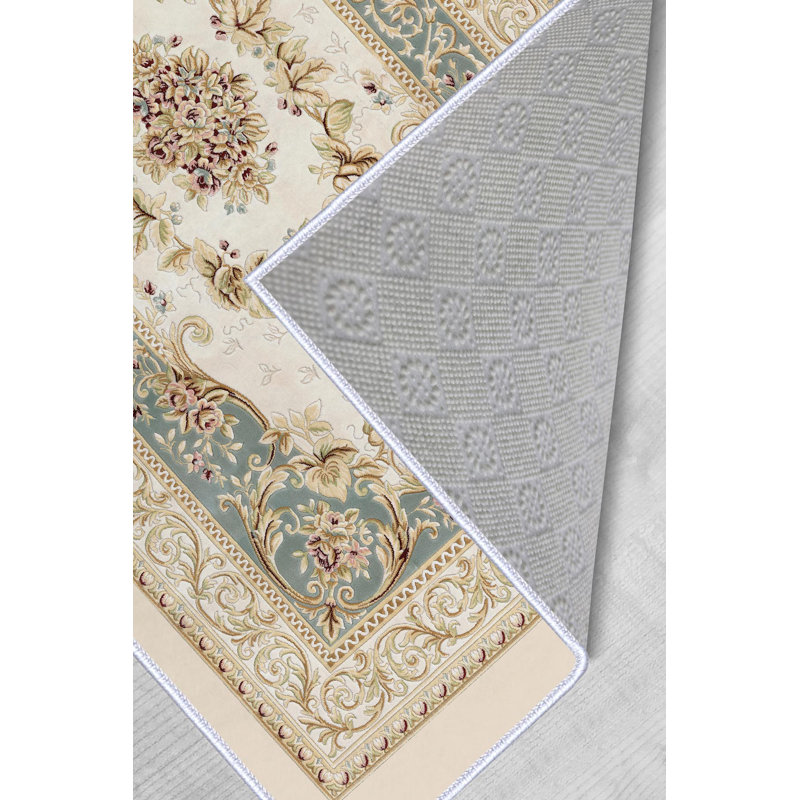 Tapis oriental vert en polyester tissé à la machine Haug, Rectangle 2 pi 7 po x 4 pi 11 po