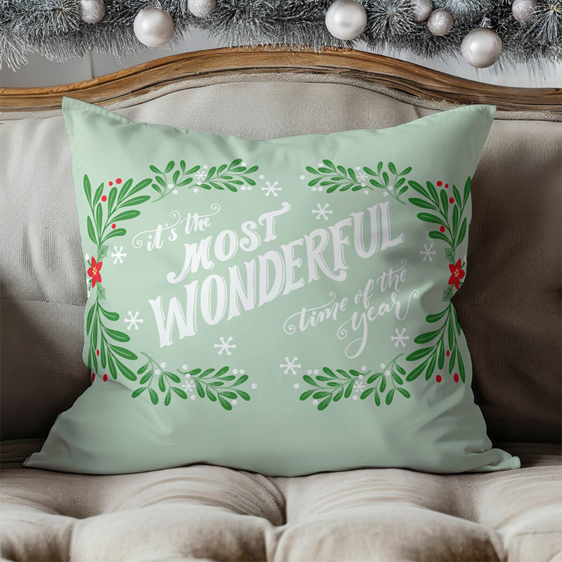 Coussin décoratif d'intérieur It's It's the Most Wondeful Time of the Year Seasonal, Motif floral vert, Carré 18 po