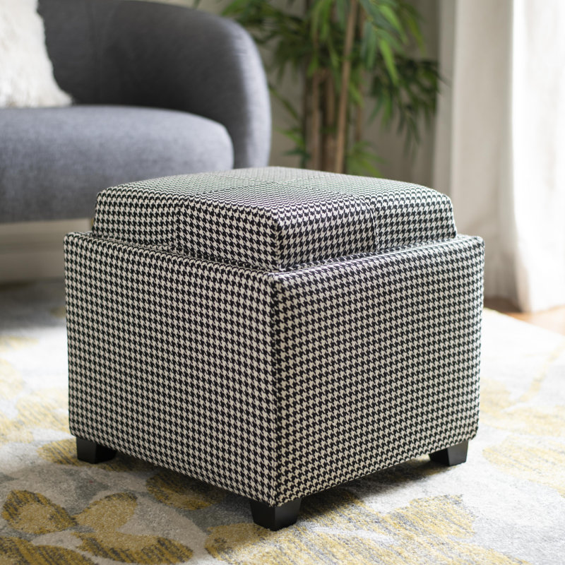 Sedat Upholstered Ottoman, Black/White Houndstooth